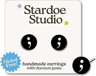 Semicolon Earrings – Black and White Studs – Mental Health Awareness Jewelry – Hypoallergenic Nickel-Free Titanium Earrings