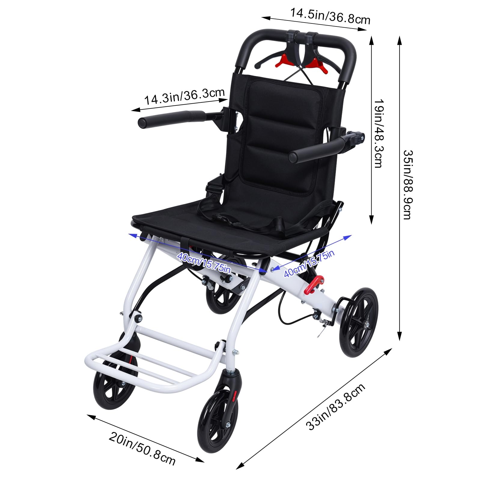Silla de ruedas plegable ligera para adultos, silla de viaje de acero al carbono de 18 libras con freno de mano, neumáticos de poliuretano, plegado compacto, correa de seguridad, capacidad de 90 kg