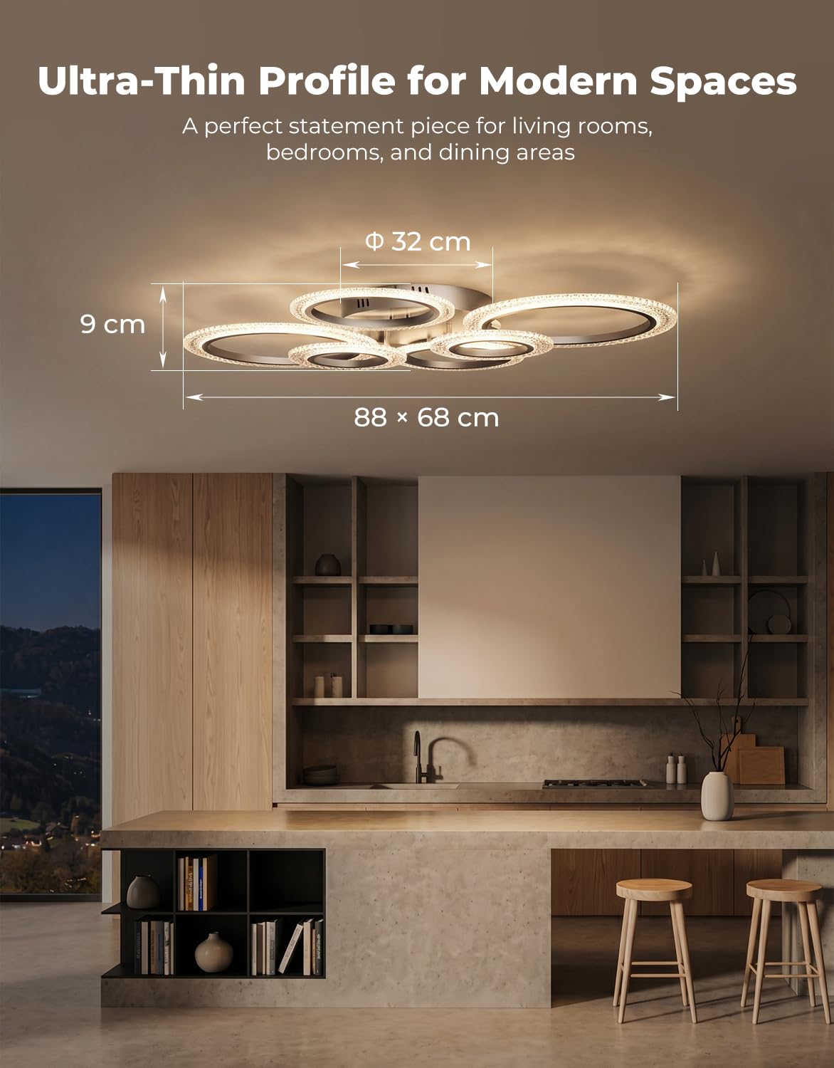 Lampadario Soggiorno Smart a 6 Anelli, Plafoniera Soffitto LED Compatibile con Alexa e Google Home, Luce a Soffitto Dimmerabile App/Tuya (40W, 4000LM), Funzione Memoria e Timer, Nero