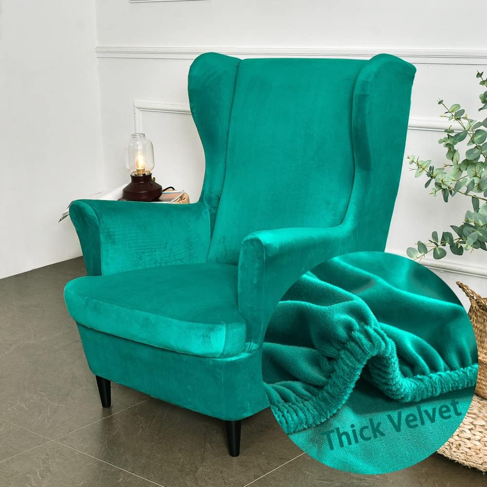 Stretch Wing Chair Slipcover 2 Piece Wingback Chair Covers, Velvet Sofa Cover Furniture Protector for Armchair Chairs Living Room Bedroom (Emerald Green)