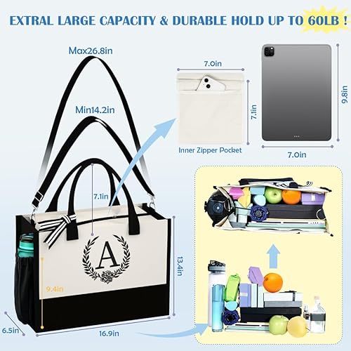 Miniatura 2 de QLOVEAInitial Canvas Tote Bag Makeup Bag, Beach Bag with Zipper, Personalized Birthday Gift for Mom Grandma Sister Friends