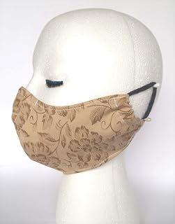 Reusable Olson style Face Mask, Washable Cotton Fabric, Two Layer Face Cloth, Non-Medical Face Mask with Filter Pocket and Nose Wire, Elastic Ear Loops, Beige Floral Pattern, Adult Small-Medium Size