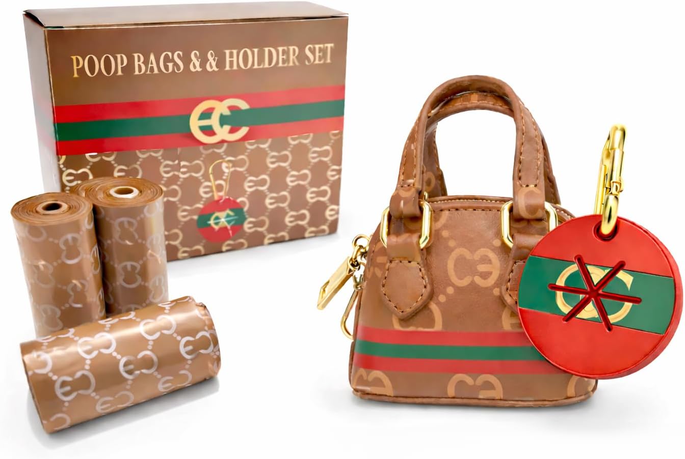 Designer Dog Poop Bag Holder & Waste Bags Set – Luxury Dog Walking Accessory, Leak Proof Thick Refill Rolls 240 Bags with Silicone Used Waste Bag Holder