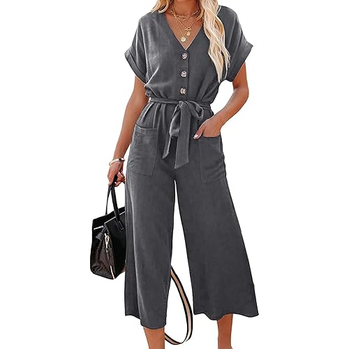 Acelitt Women Short Sleeve V Neck Button Belted Wide Leg Jumpsuits with Pockets, S-XXL