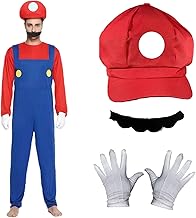 AYNKH Costume de Mario Costume de Déguisement pour Adultes et Enfants Chapeau Mario Bodysuit Moustache Gants Blancs Accessoires de Costume pour Halloween Cosplay Carnaval Party