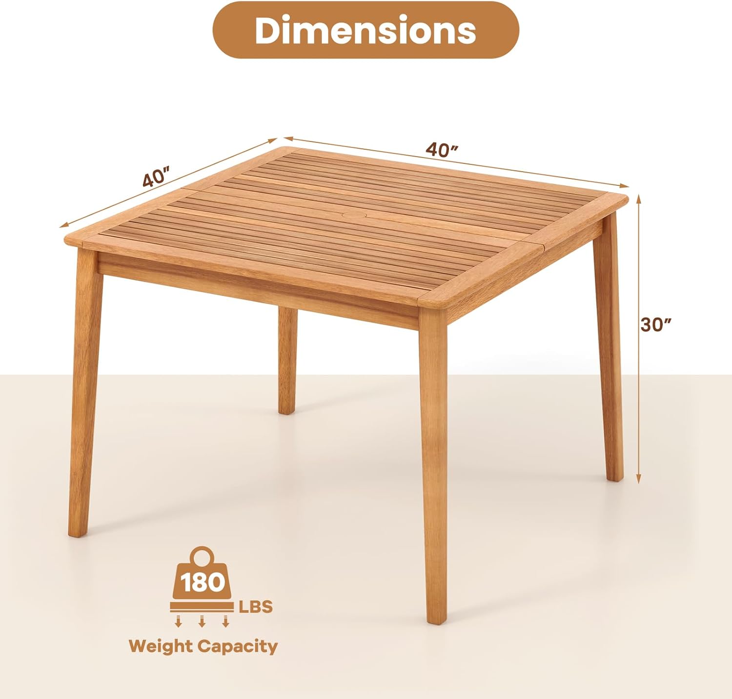 HAPPYGRILL Outdoor Acacia Wood Dining Table for 4 People, 40” Square Patio Bistro Table with Built-in Umbrella Hole, Deck Table for Porch, Garden, Backyard
