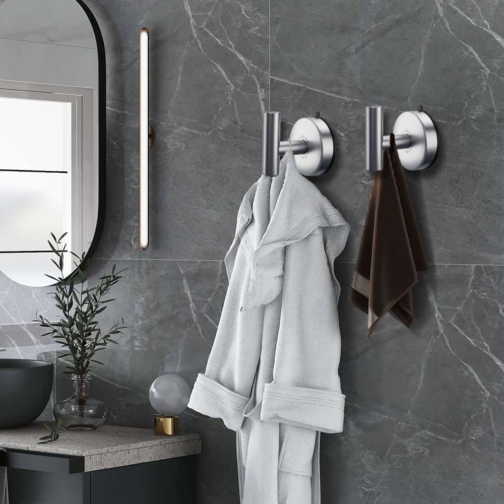 DGYB Large Suction Cup Hooks for Shower Set of 4 - Brushed Nickel Towel Hooks for Bathrooms - Stainless Steel Removable Wall Hooks - 15 Lb Heavy Duty Hanging