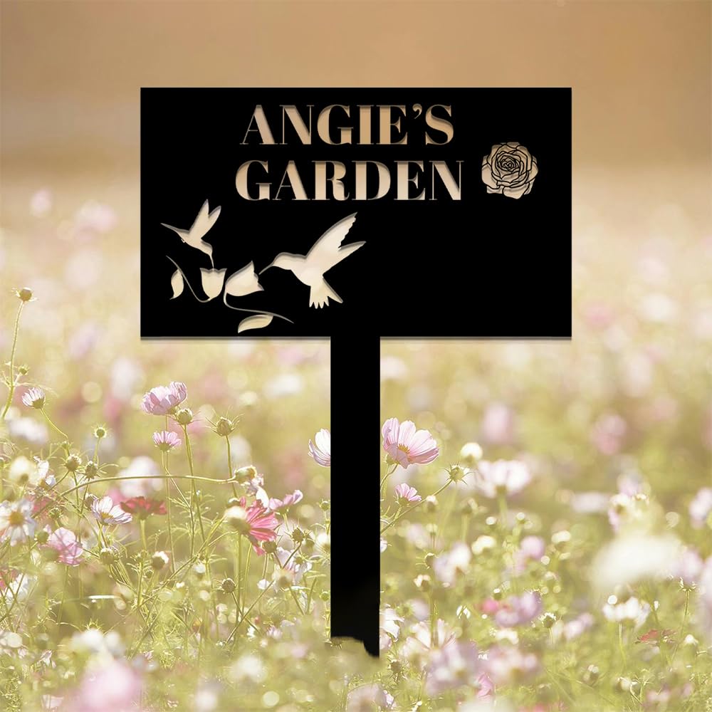 Bird Garden Signs with Stake Personalized,Custom Gardener Name Metal Sign Outside Decor,Customized Gardening Gifts for Mom,Flower Welcome Plaque Decorative for Outdoor Yard Lawn Patio Camping Gift