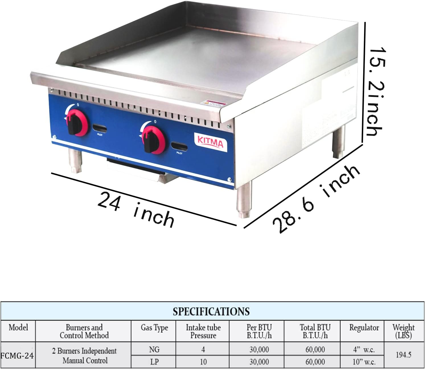 KITMA 24" Commercial Flat Griddle, Heavy Duty Natural Gas Countertop Griddle, Commercial Flat Top Grill Griddles BBQ Grill Cooktop for Restaurant, 60,000 BTU: Industrial & Scientific