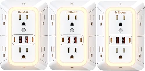 Vista 11 de Extensor de Tomacorriente de Pared con Luz Nocturna, Adaptador de Enchufe de Alimentación, Extensor de 6 Tomacorrientes con 4 Puertos de Carga USB