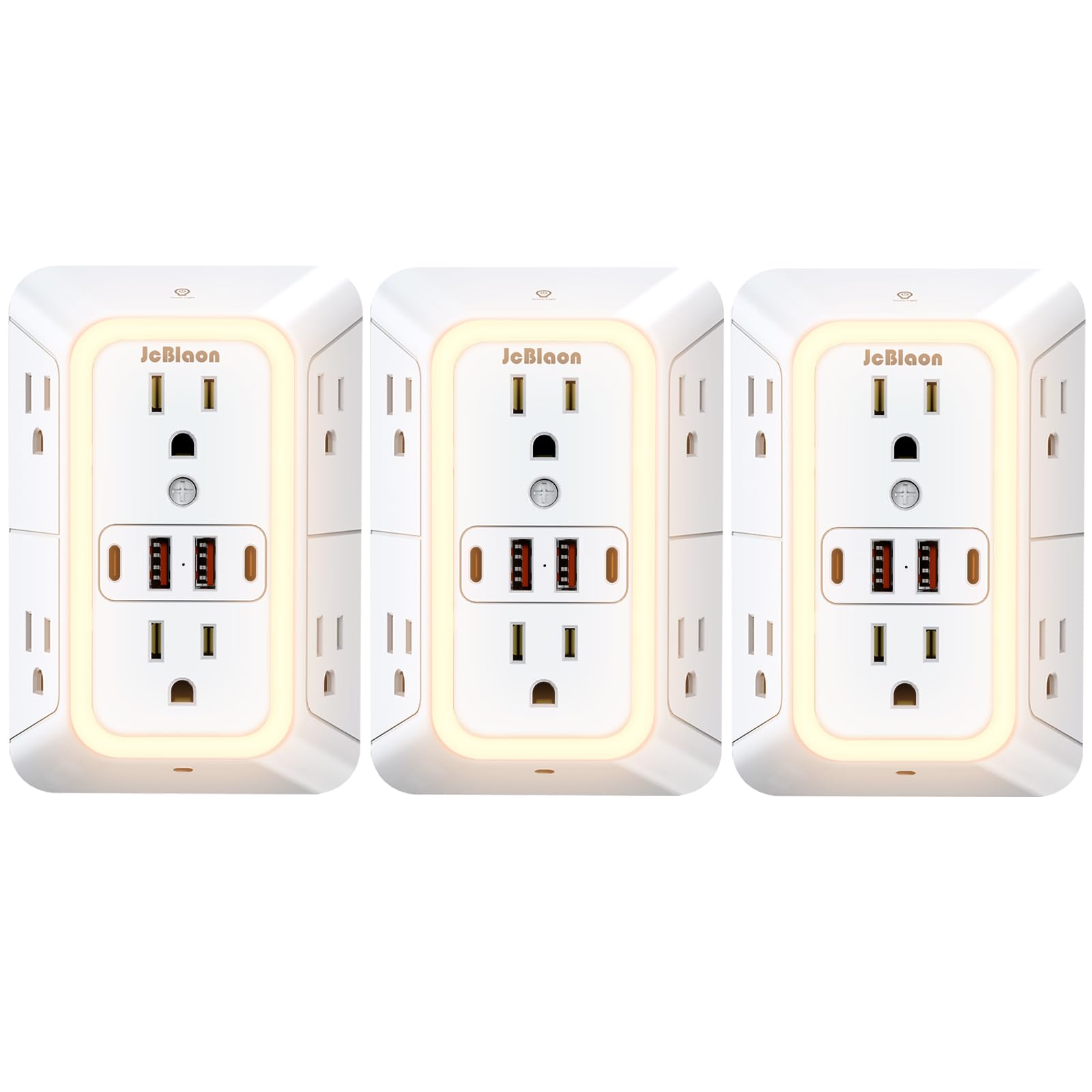 3 Pack Outlet Extender with Night Light, 6 Outlet Surge Protector Extender with 4 USB Ports (2 USB C), 3-Sided 1050J Multi Plug Wall Outlet for Home
