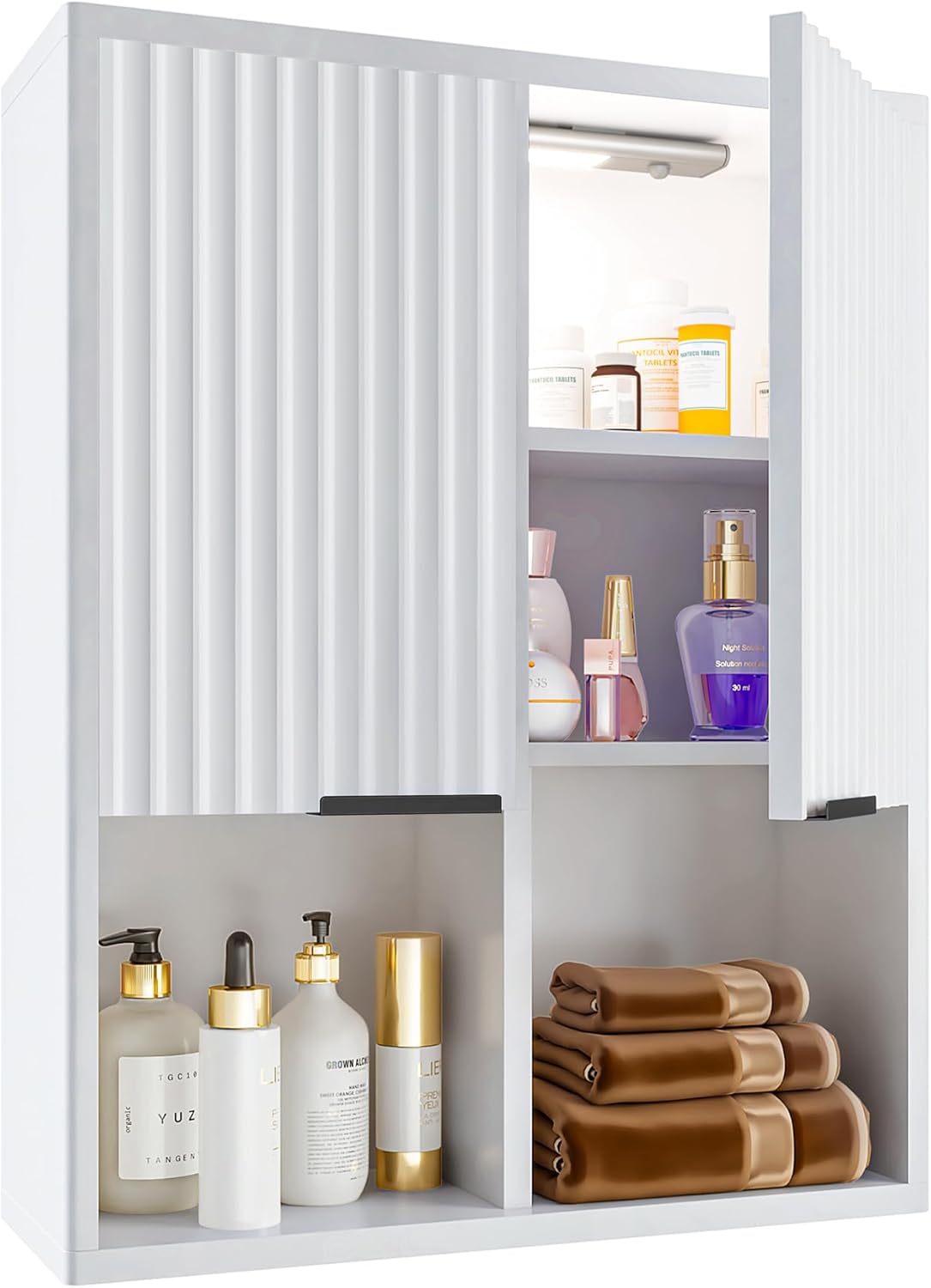 HAIOOU Fluted Bathroom Wall Cabinet with Motion Sensor Light, Curved Profile Wooden Medicine Cabinet Wall Mounted Cupboard, Wave Like Over Toilet Storage Cabinet with Buffering Hinges – Modern White
