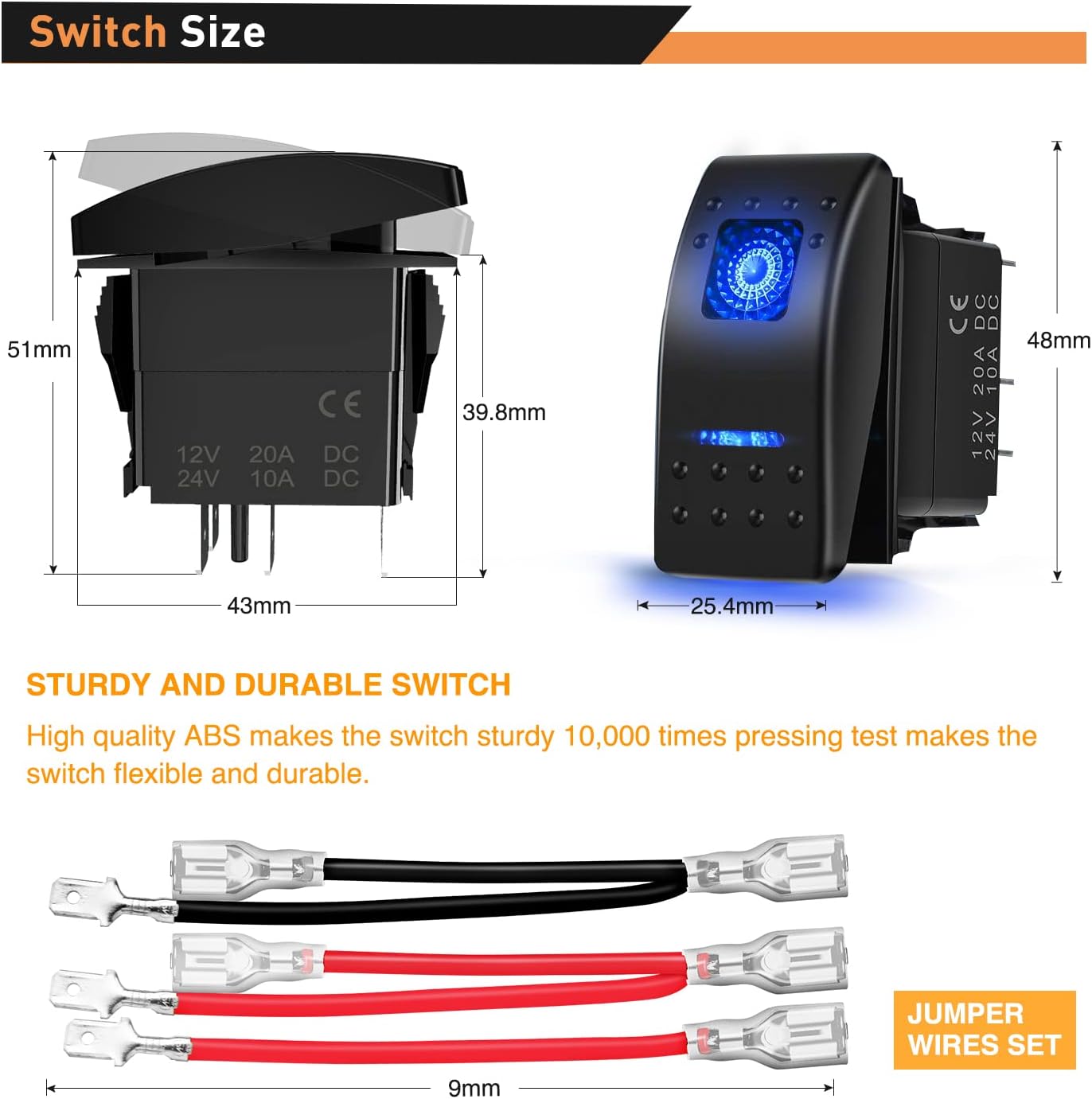 GOOACC 6 Pack Rocker Switches with Night Glow Stickers 5 PIN SPST Rocker Switches with Blue Backlit 12V 24V Toggle Switches for Cars Trucks RVs Boats Auto Motorcycles.