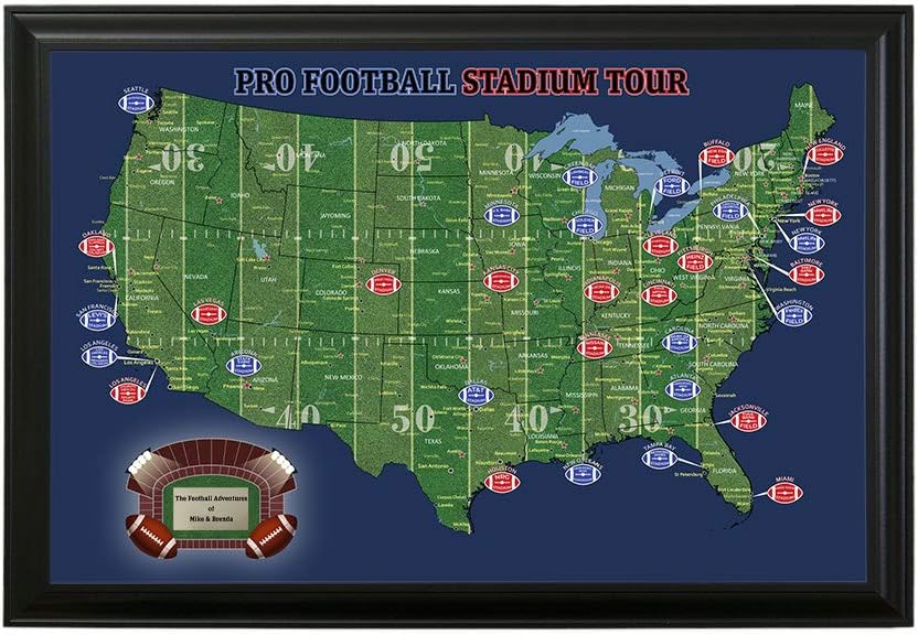Push Pin Travel Maps Customizable Wall Art - Football Stadiums - Black Frame - Personalized Framed Pin Map, Includes 150 Pins - Handcrafted in USA - 27.5" x 39.5"