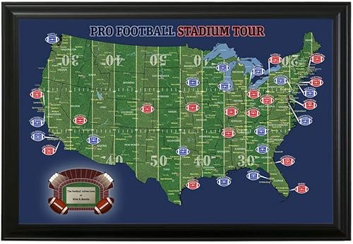 Mapa de viaje personalizado para estadios de fútbol, marco negro, 27.5 pulgadas de alto x 39.5 pulgadas de ancho, mapa de estadios de fútbol