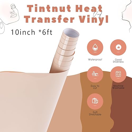 Miniatura 2 de Tintnut Vinilo HTV color melocotón pálido, 10 pulgadas x 6 pies, vinilo de transferencia de calor, paquete de vinilo marrón HTV para planchar en