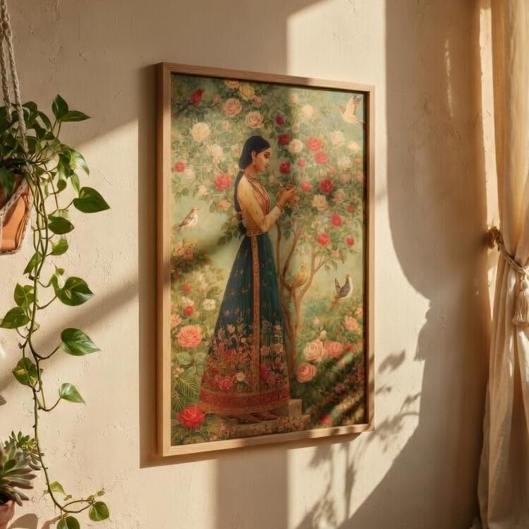 Image of Livin'luxe Vintage Floral Lady Wall Painting with Wooden Frame | Elegant Woman Garden Artwork HD UV Laminated MDF Wall Decor | Classic Nature Wall Art for Living Room Bedroom Decor
