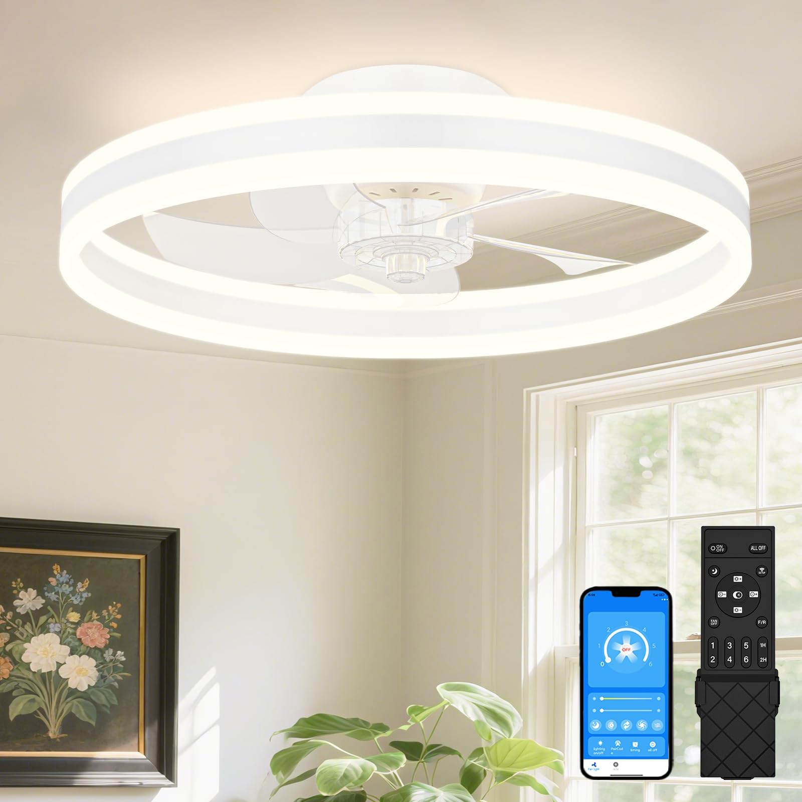 VOLISUN Low Profile Ceiling Fans with Lights and Remote, 19.7in Flush Mount Ceiling Fans with Light, 3000K-6500K Dimmable Fandelier LED Fan Light, Bladeless Ceiling Fan for Bedroom(White)