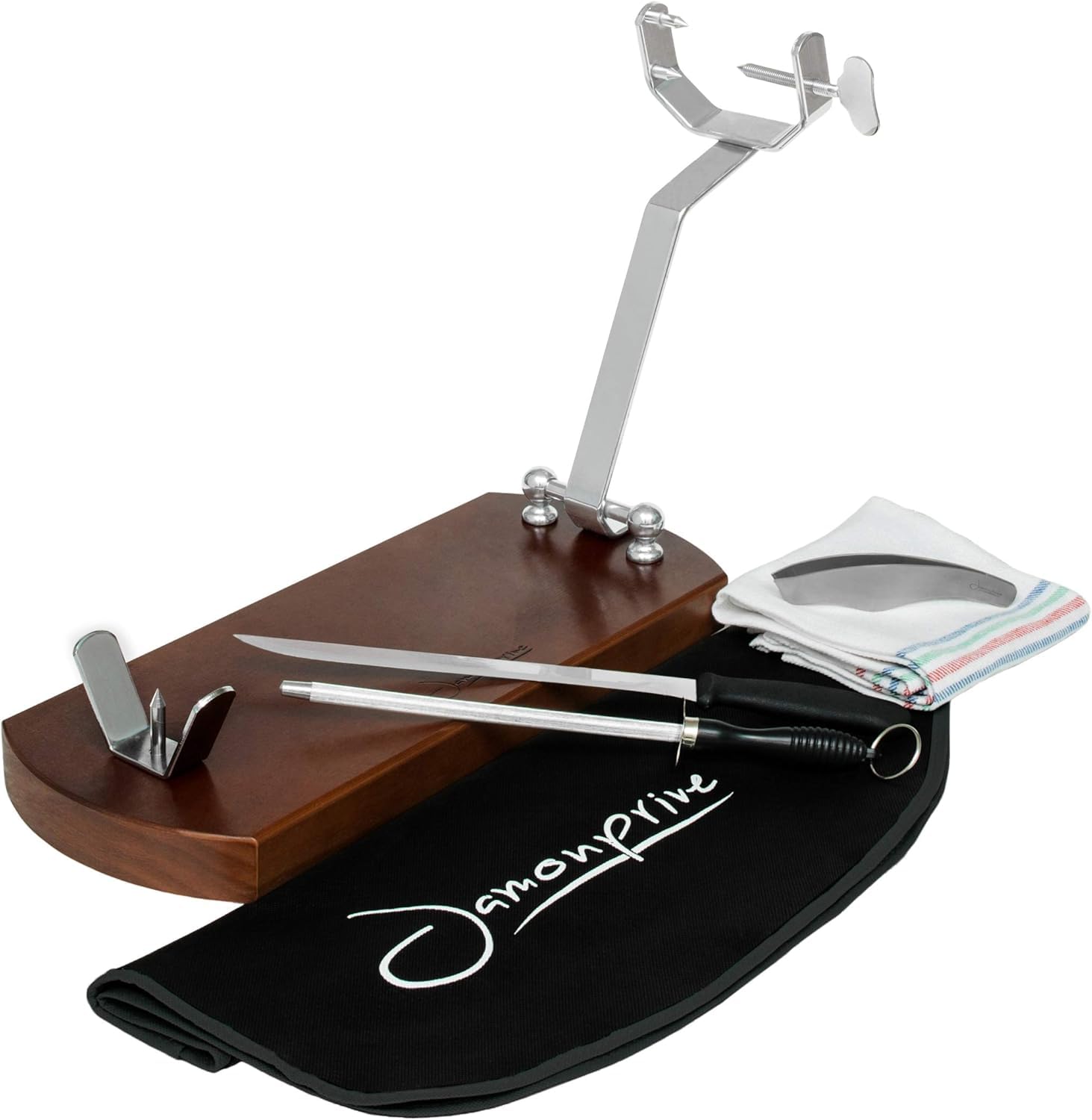 Support à Jambon Pliable avec Base Antidérapante + Couteau + Fusil à Aiguiser + Couvre Jambon + Torchon + Pinces- Kit de Tranchage Professionnel pour Jambon Serrano, Ibérique et Prosciutto