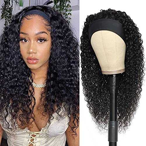 Headband Wig Curly Human Hair, Headband Wigs for Black Women, 100% Real Human Hair Half Wigs Glueless with Headband Attached Natural Black (20Inch)