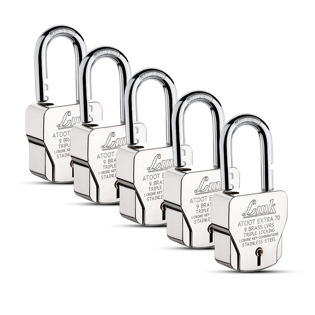 Link® Atoot Extra 70mm Padlocks 5Pcs Set | 1 Crore Key Combinations | Stainless Steel Body | Hardened Shackle | 9 Brass Levers | Made in India | 3 Silver Keys with Keychain | 3Kyes for Each Padlock-picture-18