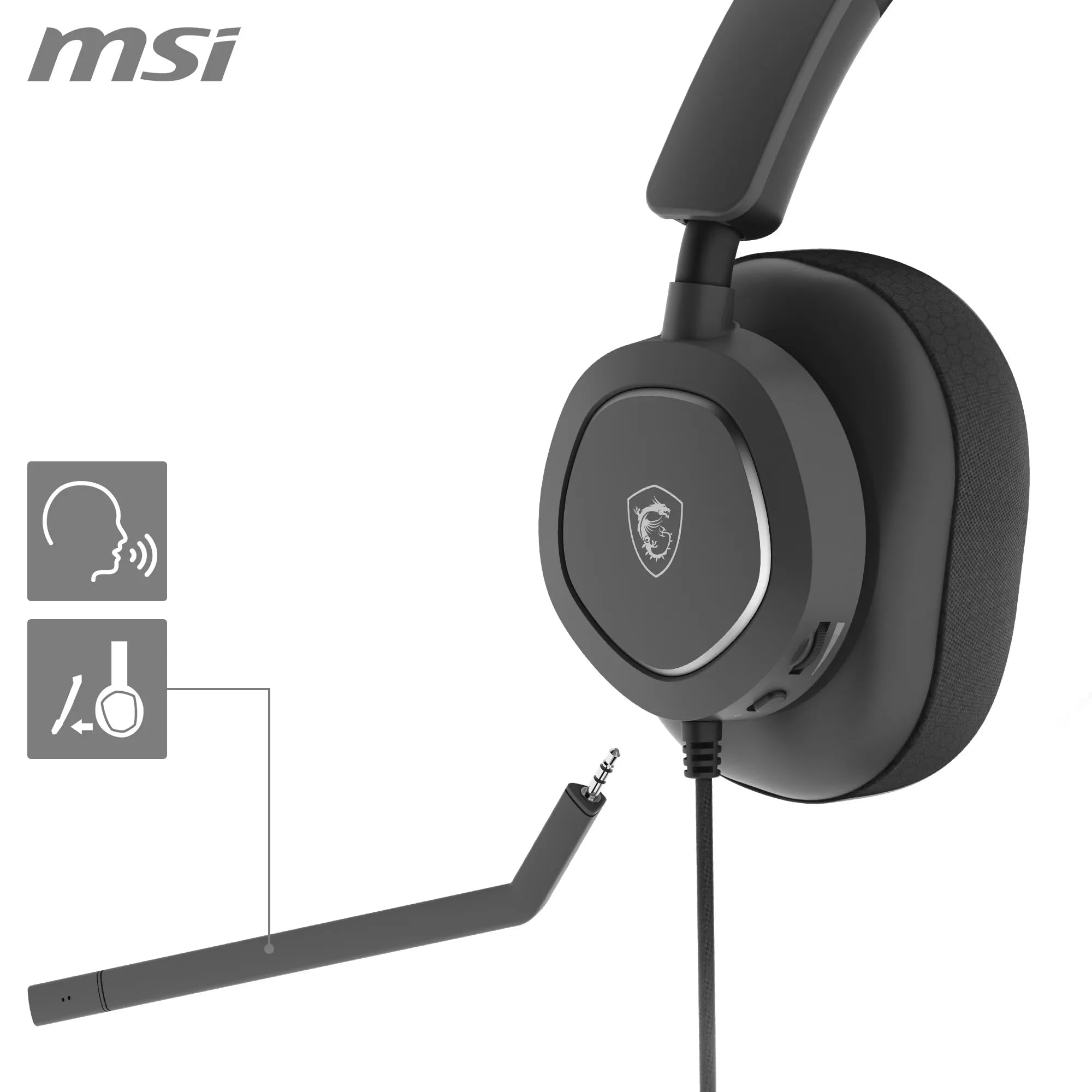 MSI Zestaw słuchawkowy do gier MAESTRO 300 – sterowniki neodymowe 40 mm, mikrofon jednokierunkowy (kardioidalny), piankowe nauszniki o wysokiej gęstości, lekka i obrotowa konstrukcja, adapter USB-C,