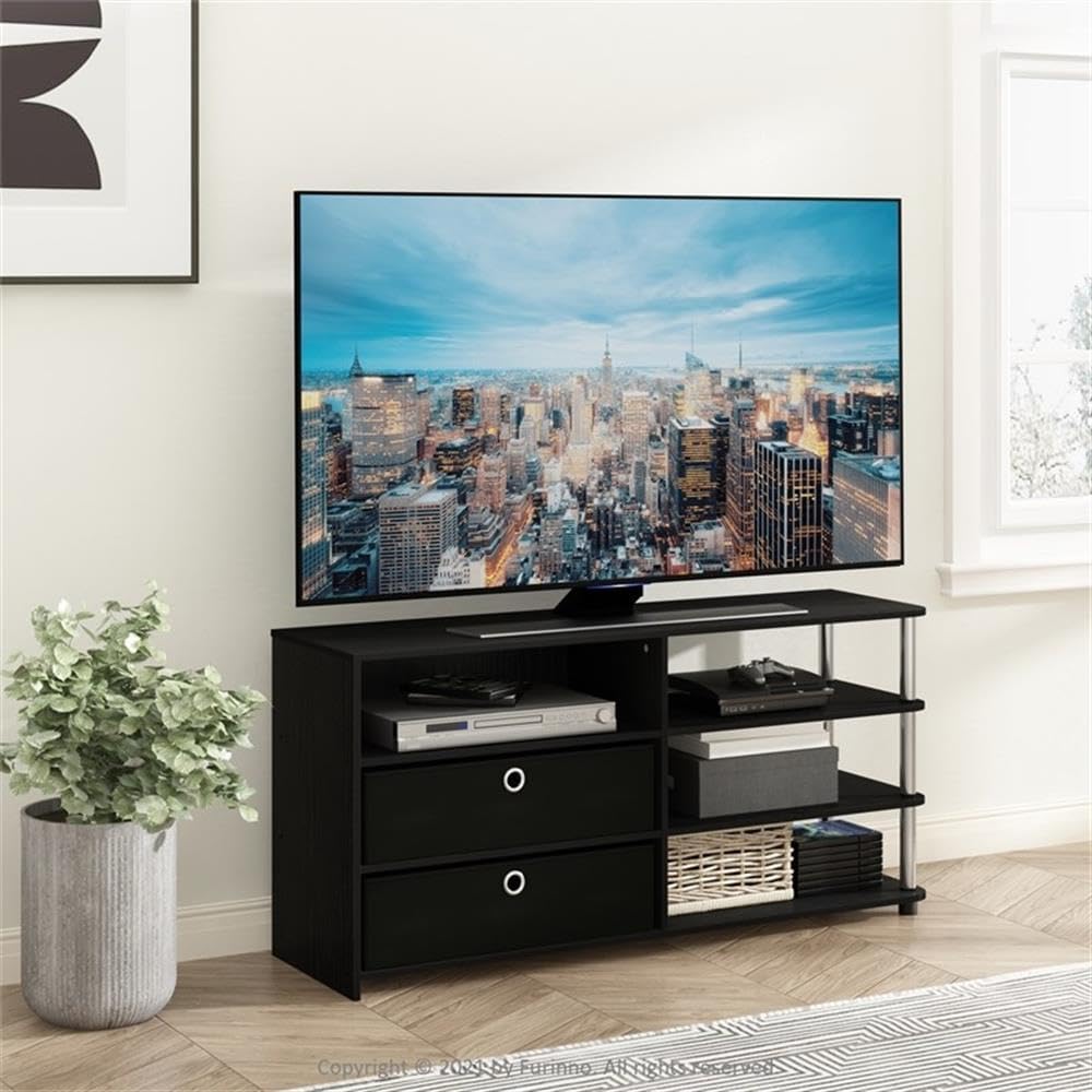Pemberly Row TV Stand for up to 55-Inch, Composite Wood and Stainless Steel Tubes, 46.6 x 13.1 x 22.3 Inches, Open Shelves and Storage Bins, Modern Style Media Console for Living Room or Bedroom Use