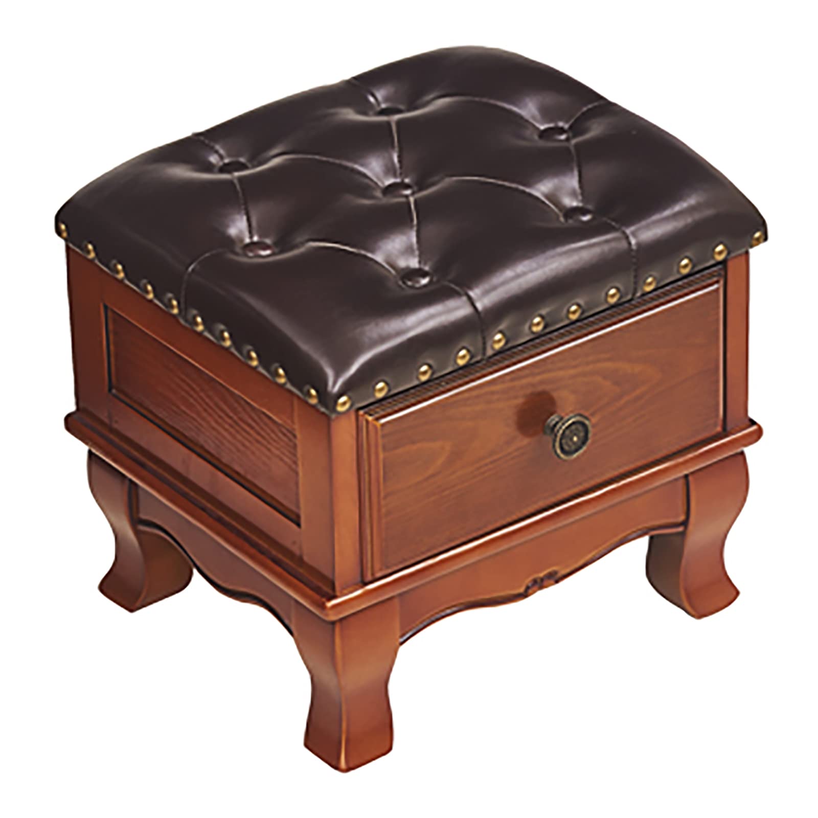 Cuir avec rangement et boutons en D, tabouret de luxe en bois massif