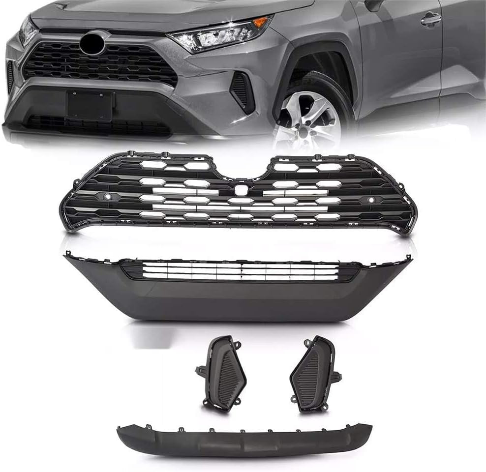 Bewild Fit for 2019 2020 2021 2022 RAV4 Front Upper Lower Grille Grill & Bumper Lower Valance Skid Plate & Fog Light Covers Black, 5PCS