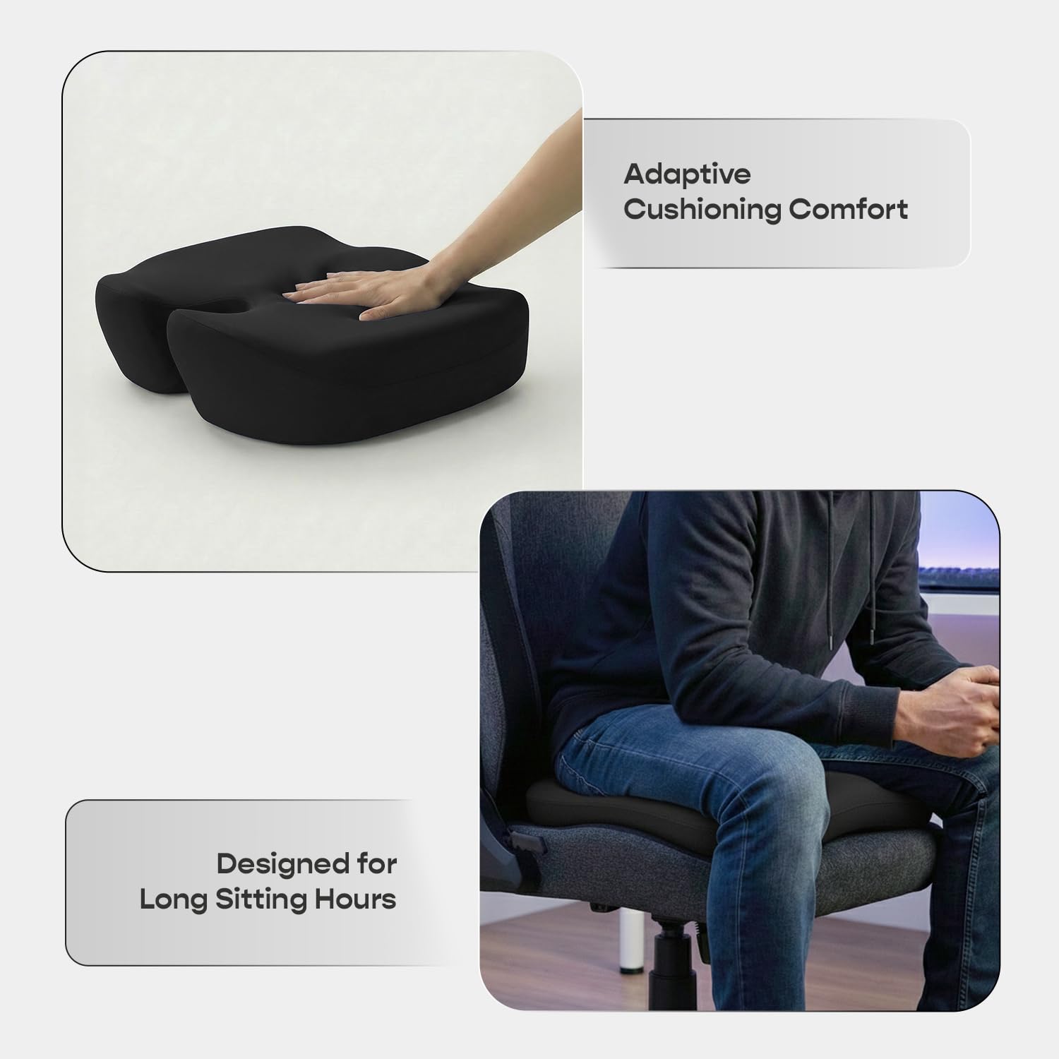 SleepyCat Pro Seat Cushion | Ergonomic Memory Foam Cushion | Enhanced Comfort Posture Support | Premium Perforated Breathable Foam | Anti-Skid Base | Washable Cover | Office Chair Car Seat | Black 3