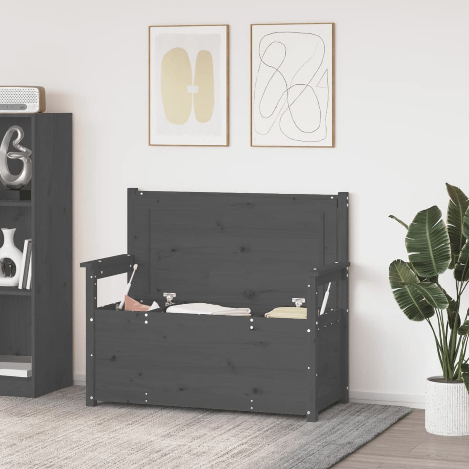 Festnight Sitzbank mit Stauraum Holz Truhenbank Holz Gartenbank Kissenbox mit Stauraum Holzbank Truhenbank Sitztruhe Balkon Sitzbank Grau 112,5x51,5x96,5 cm