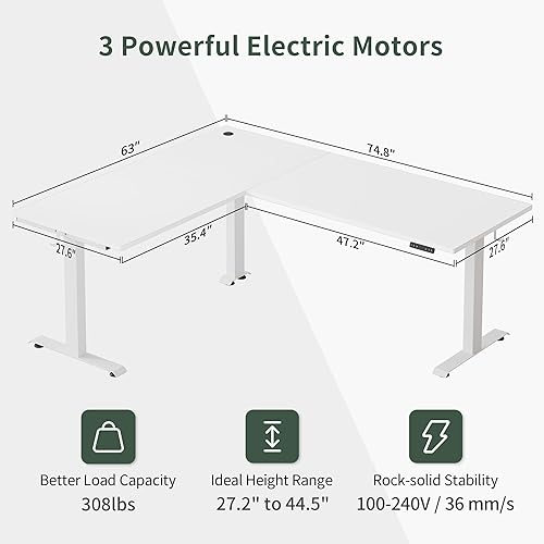 Miniatura 3 de FEZIBO - Escritorio de pie en forma de L, triple motor, 75 pulgadas, reversible, eléctrico, altura ajustable, estación de trabajo para computadora,