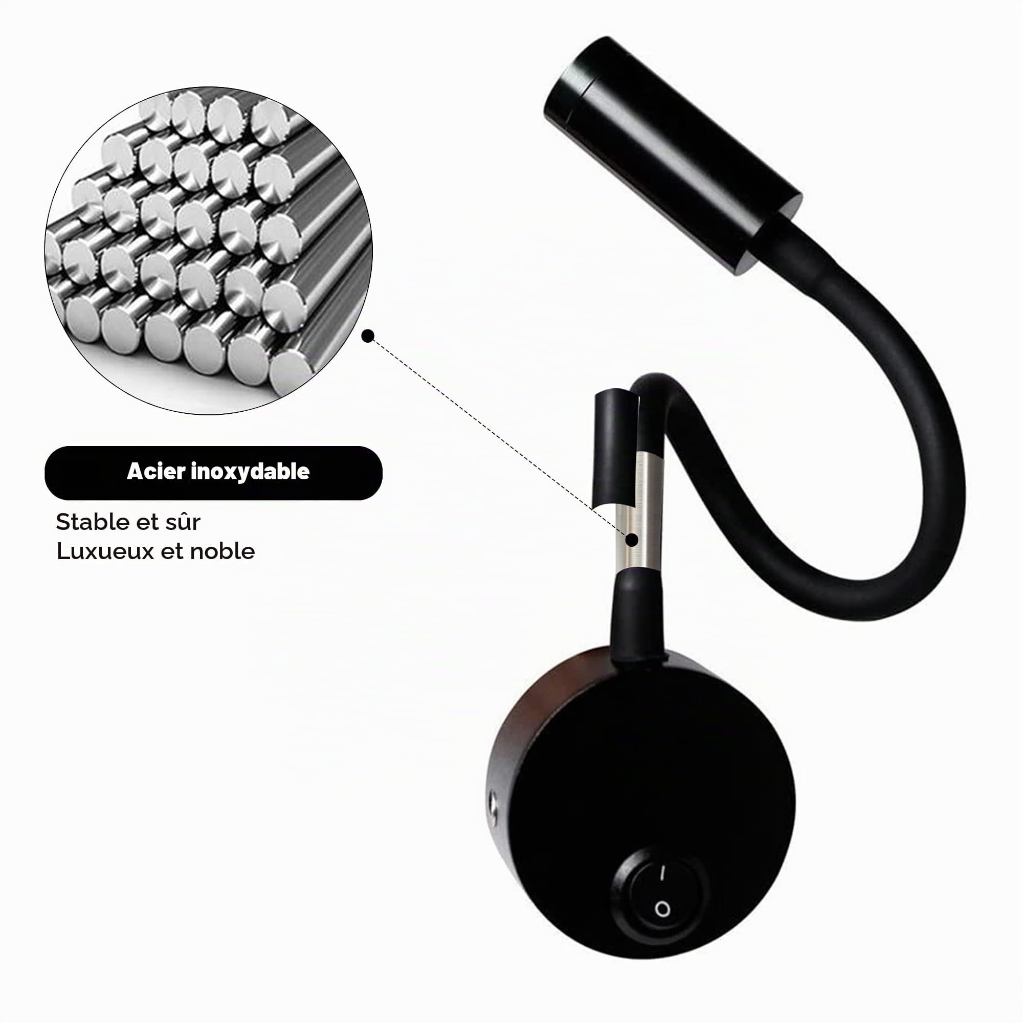 2 Pièces Noire Lampe de Lecture Murale 3W - Applique de Bureau en Aluminium à Cou Flexible Réglable, avec Interrupteur LED Soins des Yeux