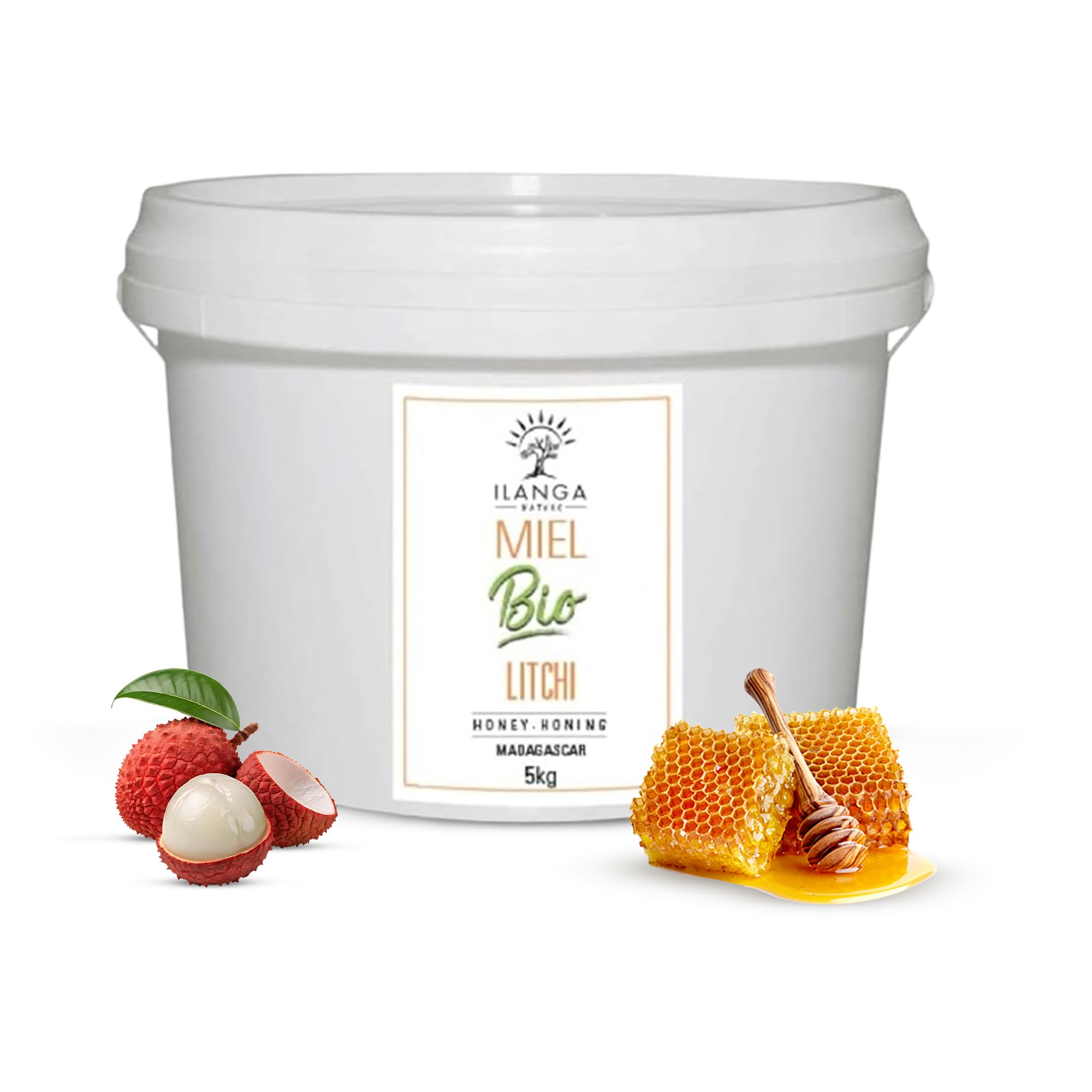 Ilanga Nature - Miel de Litchi BIO - 100% pur - Seau de Miel 5 kg - Format Famillial - Miel de Madagascar