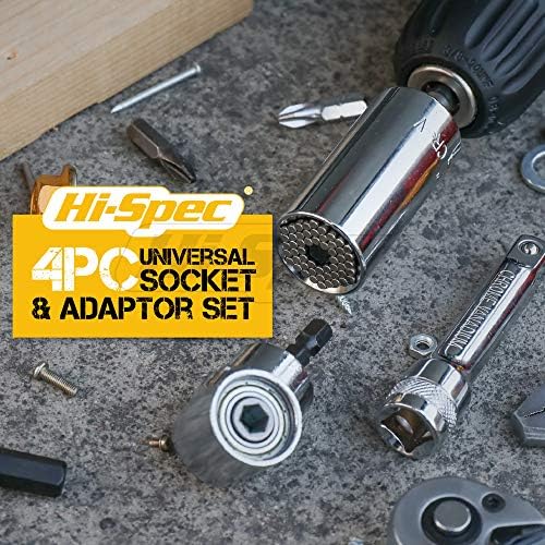 Hi-Spec 4pc Universal Socket & Adaptor Tool Set. A Handy Mans DIY Wrench Gadget. Fits All Popular Sizes 7 to 19mm