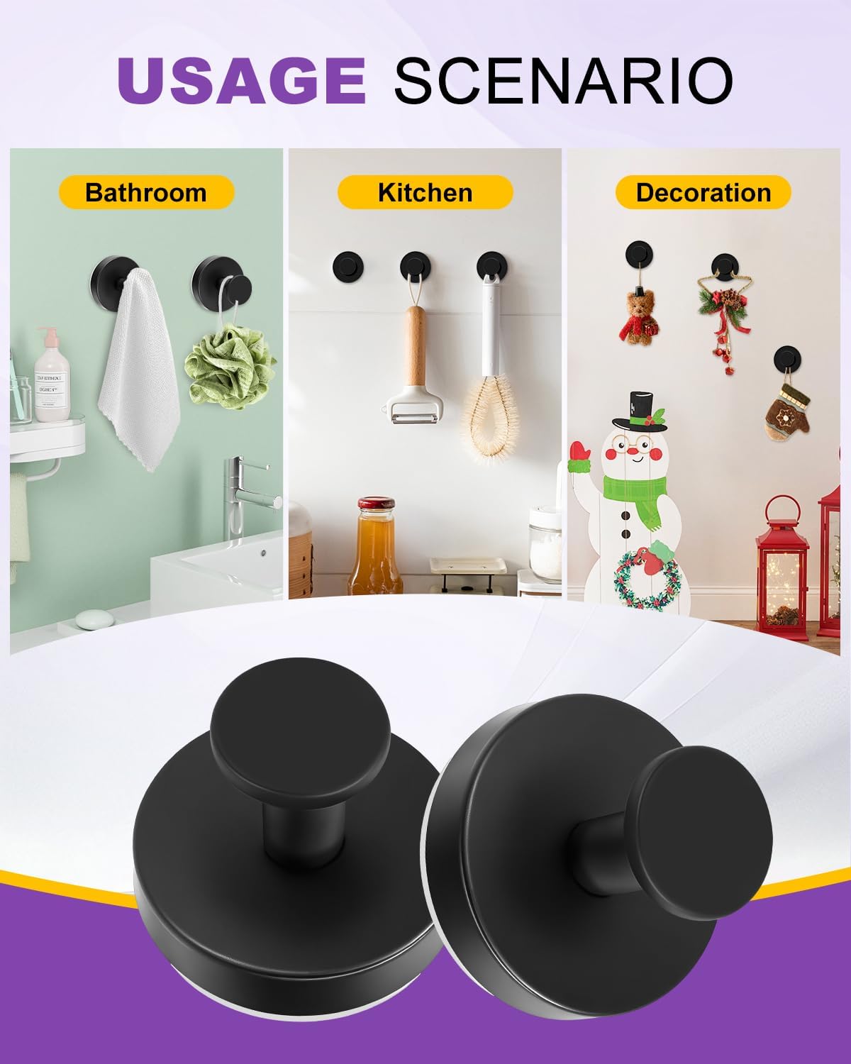 No Drill Suction Hooks for Bathroom Shower Wall Window Glass Door Wall, Bath Robe Looafh Hook for Hanging Towels, Robes, Loofah, 2 Pack, Black