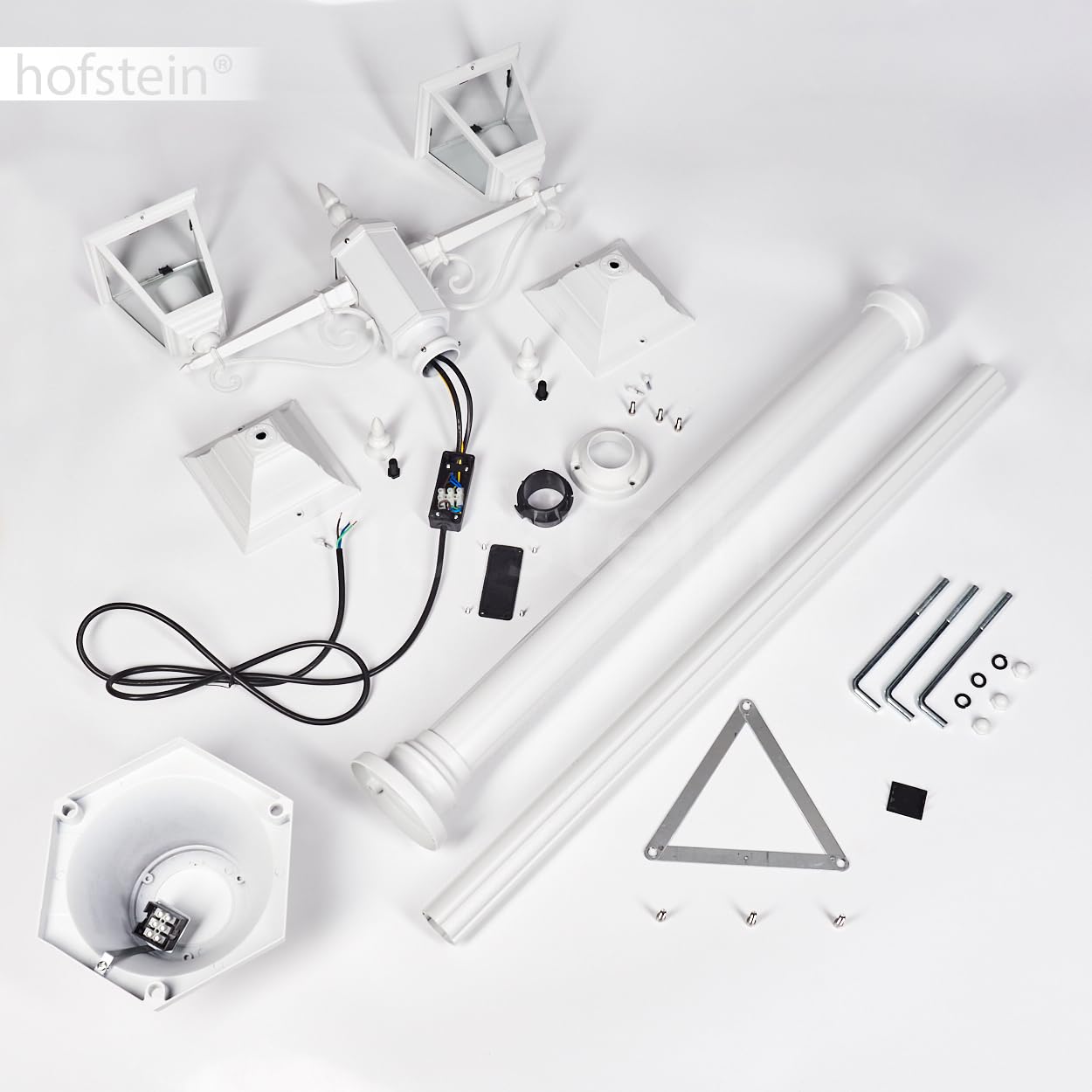 Lampa drogowa zewnętrzna Hong Kong, lampa ścieżki z metalu/szkła w kolorze białym/przezroczystym, kandelabr w antycznym stylu, wysokość maks. 220 cm, oświetlenie ogrodowe IP44, 2 x E27, bez żarówki