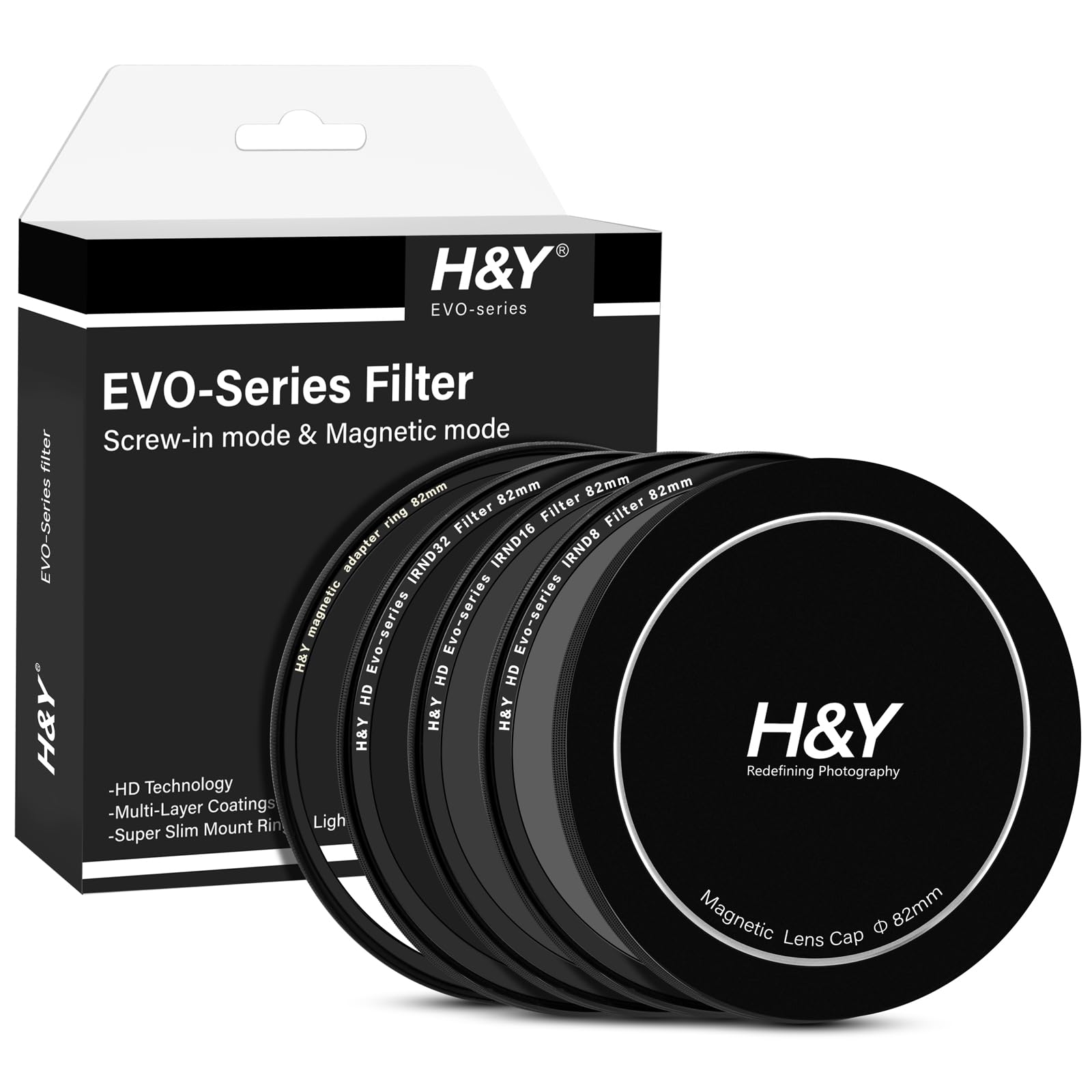 H&Y 82mm ND Filter IRND8 IRND16 IRND32 ND Filter Neutral Density Filter Camera Lens ND Filter Screw in and Magnetic Lens Filter 2 in 1 with Magnetic Adapter Ring, EVO Series Video ND Kit, Black