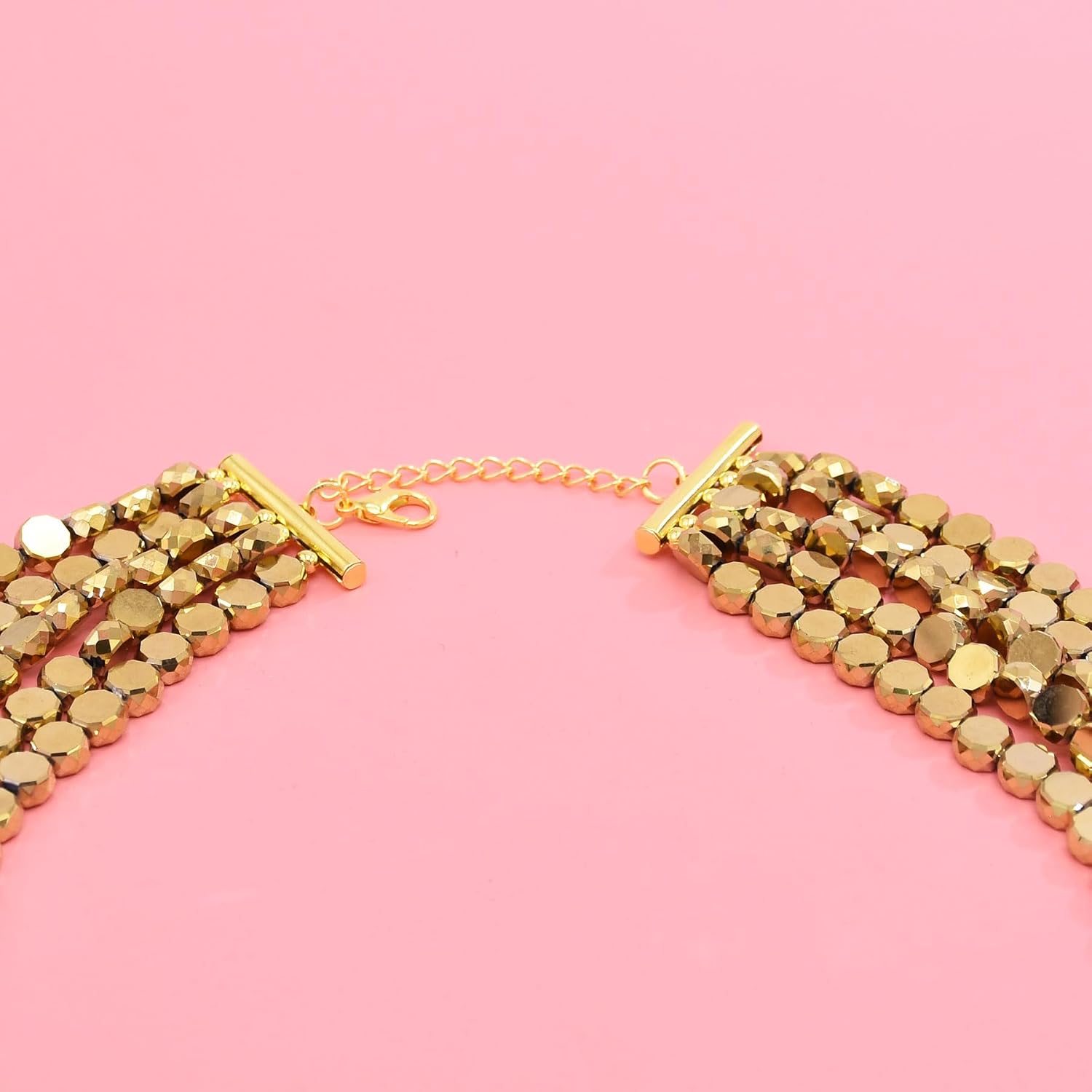 idealway Multi-Strand Gold Beaded Necklace, 5-Layer Cascade Design, Fashion Statement Jewelry