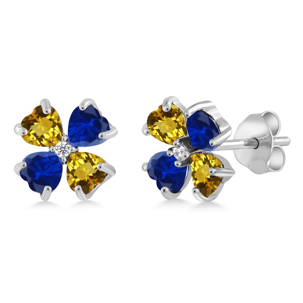 Gem Stone King 925 Sterling Silver Yellow Citrine and Blue Created Sapphire Earrings For Women (2.91
