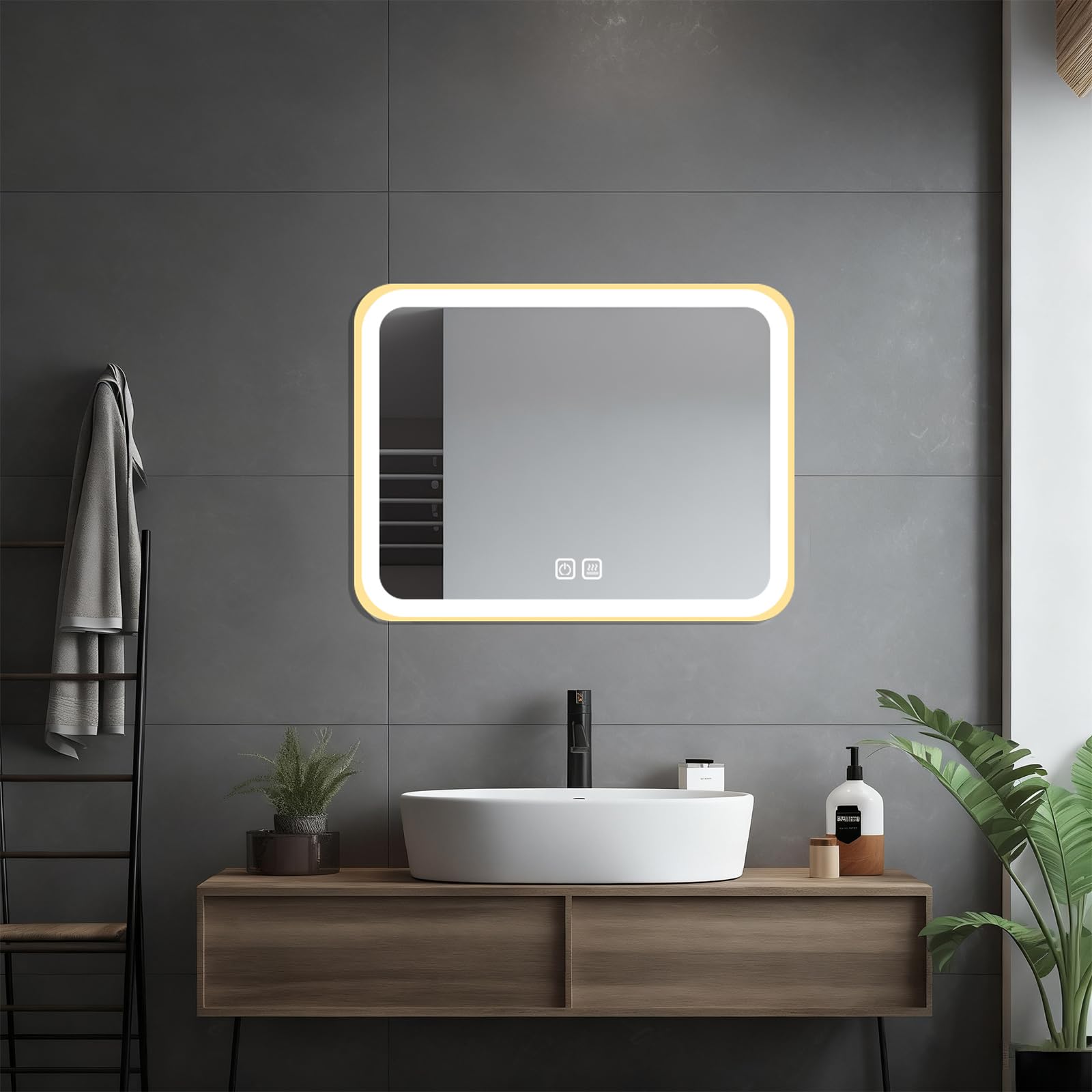 HIGHBATH 40 x 60 cm Large Lighted Vanity Mirror with Dimmable 3 Modes and Demister Pad, LED Makeup Mirror for Bathroom ๏ผ Dressing Room, Tabletop or Wall-Mounted,Horizontal/Vertical, Gold