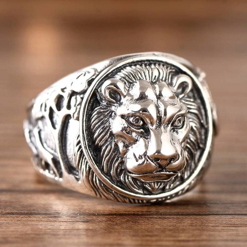 SIWAN Anillo Retro 925 Anillo de Plata Esterlina Cabeza de León Dominante Bestia Anillo Masculino1, 60mm