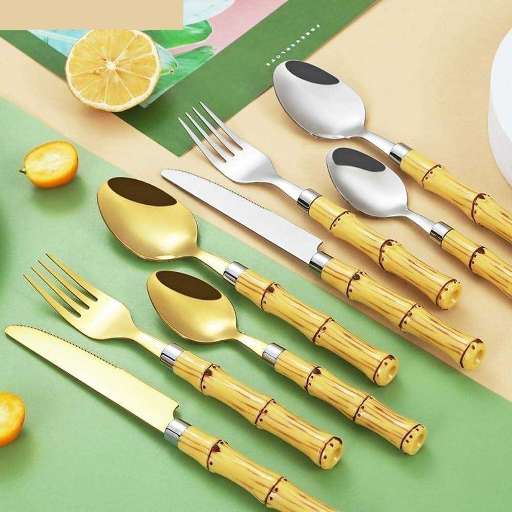 Juego de cubiertos de acero inoxidable con mango de bambú for cocina, vajilla de acero inoxidable, ideal for el hogar, restaurantes, banquetes, cuchillos, tenedores y cucharas (dorado, 16 piezas)(Silv
