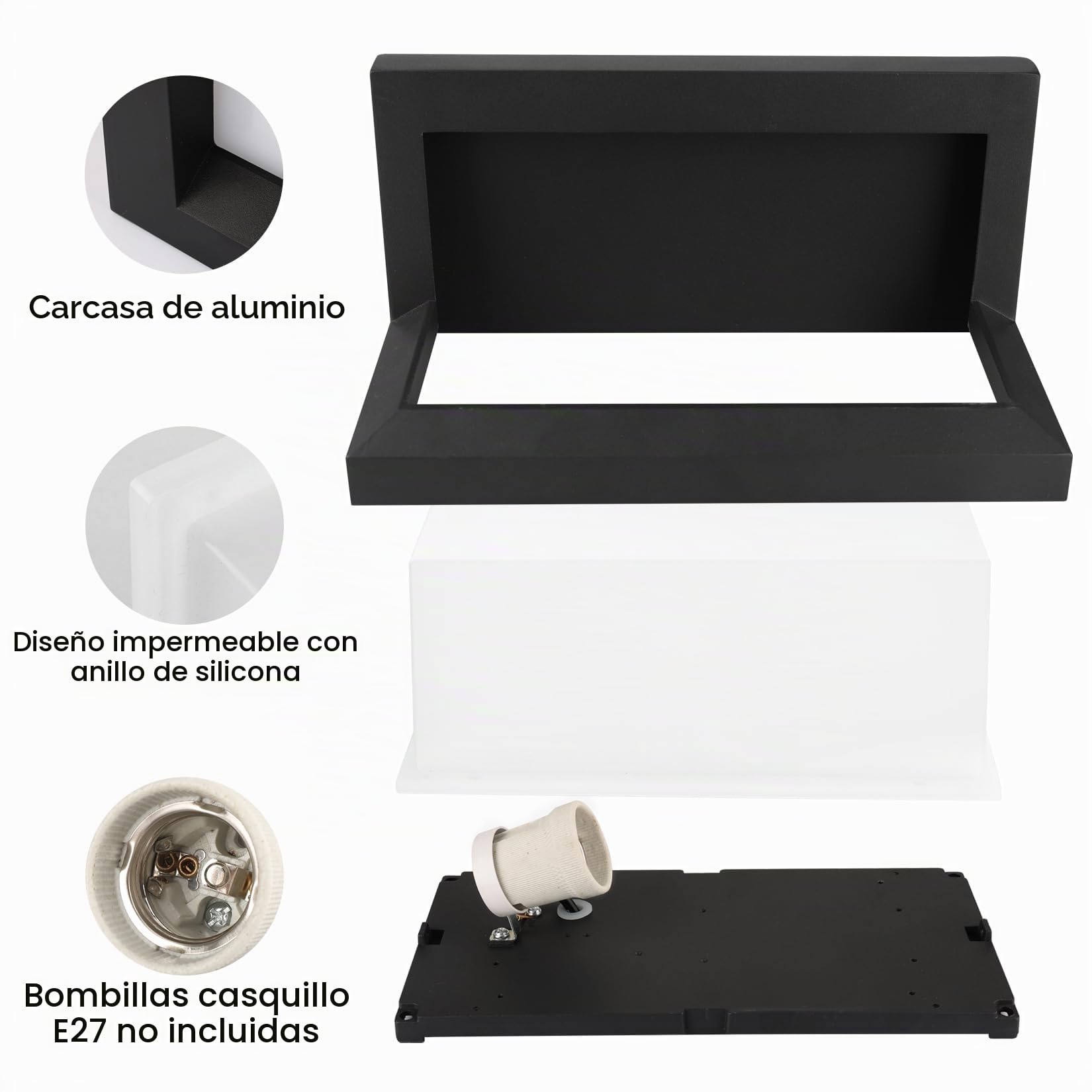 Klighten 2 pcs E27 luz de pared exterior, 60W E27 de luz de pared, IP65 lámpara de pared exterior para uso en interiores y al aire libre, Negro, (sin bombilla) | Aplique con casquillo E27, potencia máxima 60W luz exterior pared, aluminio+PC lámpara de par