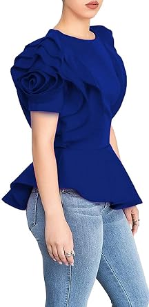 Blansdi Womens Tops Elegant Peplum Top Round Neck Ruffle Short Sleeve Dressy Peplum Blouse Shirts