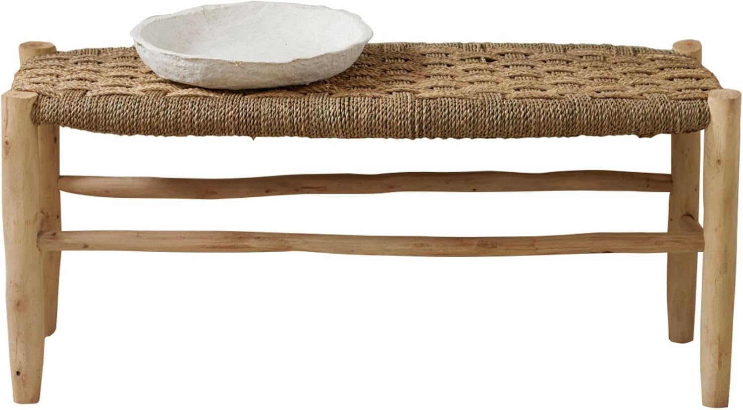 Home Maison Plaited Checked Bench 100 cm Raw Laurel Wood and Doum Palm Fibre, Natural, 100 x 35 x 35 cm