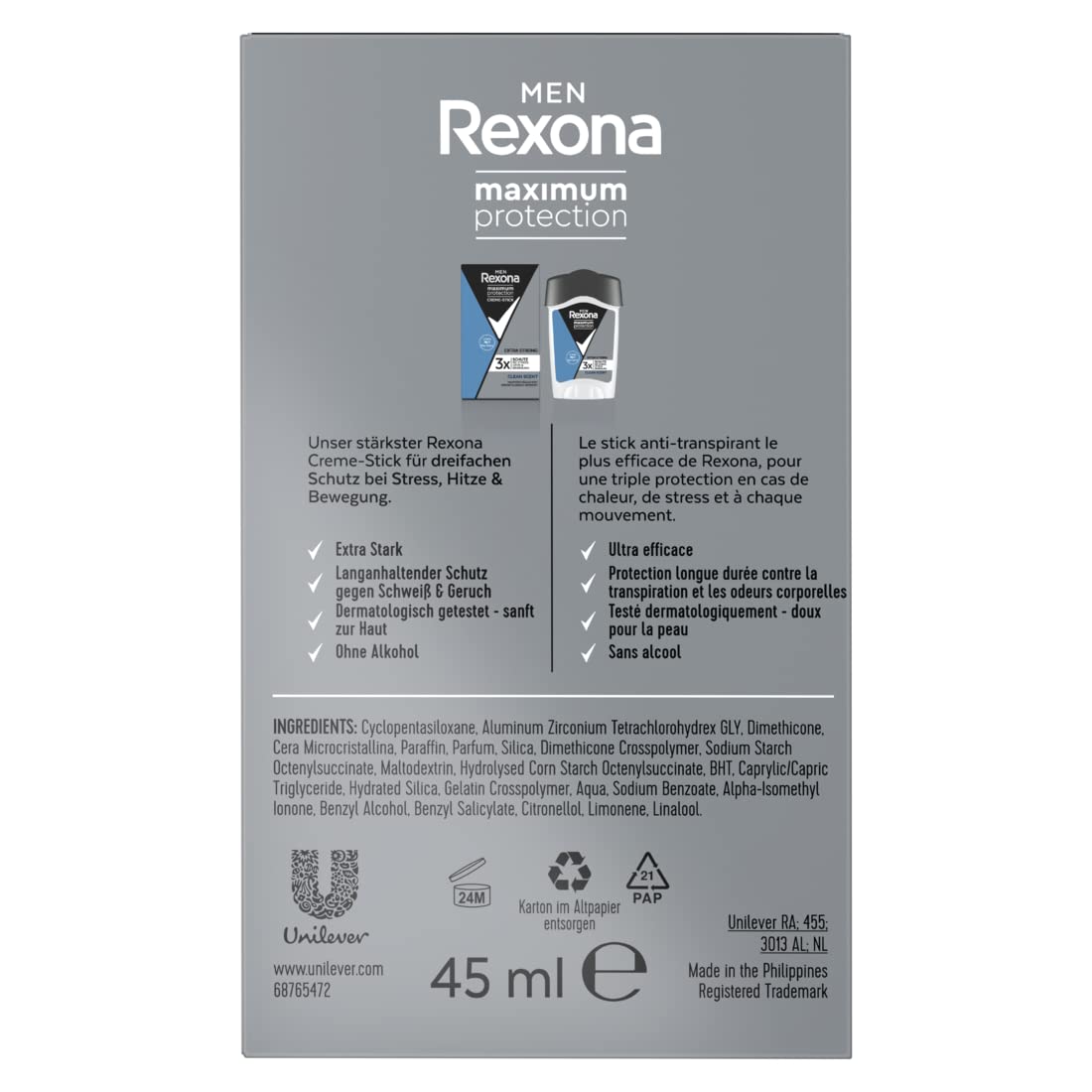 Rexona Men Maximum Protection - Desodorante antitranspirante con 48 horas de protección contra la sudoración intensa y el olor corporal, 45 ml, 6 unidades
