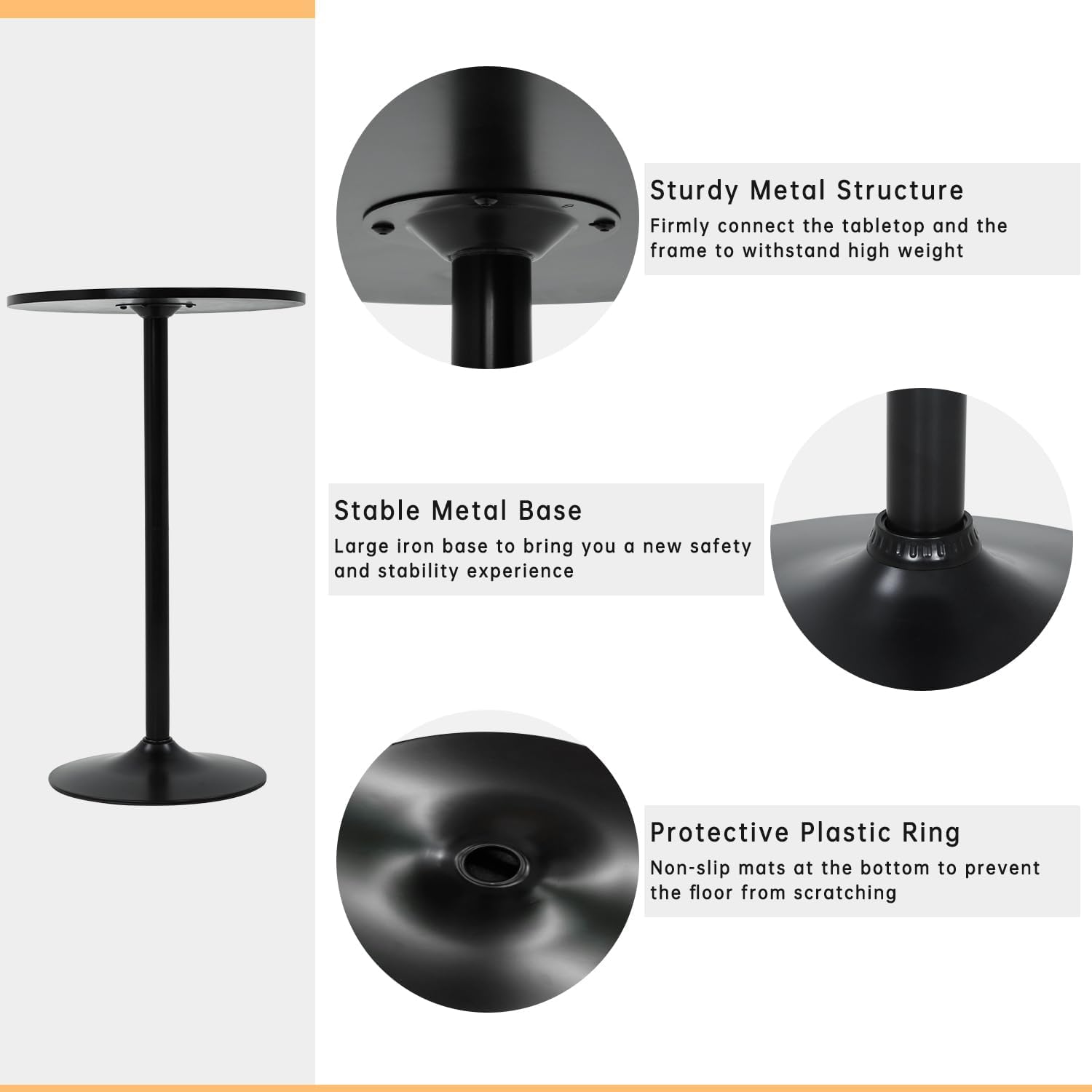 Round Bar Table 2 Set 40" Height Modern Pub Table with Solid Top and Sturdy Metal Base, High Top Table for Kitchen, Dining Room, Bistro, Cocktail, Black