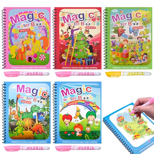 Lanvixo Libro Magico da Colorare Acqua, 5 Pezzi Riutilizzabile Libro di Pittura ad Acqua per Bambini Magic Water Book con 4 Penna Acqua per Ragazzi Ragazze di 3 4 5 Anni, B
