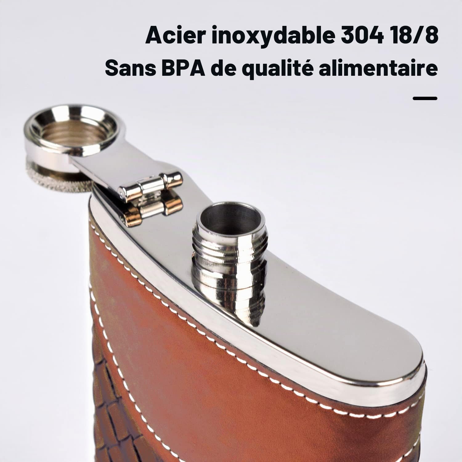 Flasque en cuir pour homme de 237 ml,Ensemble cadeau,Flasque en acier inoxydable 304 avec entonnoir,Joli cadeau pour whisky, rhum, témoin d'honneur, mariage, camping,Motif rayures marron,227 ml